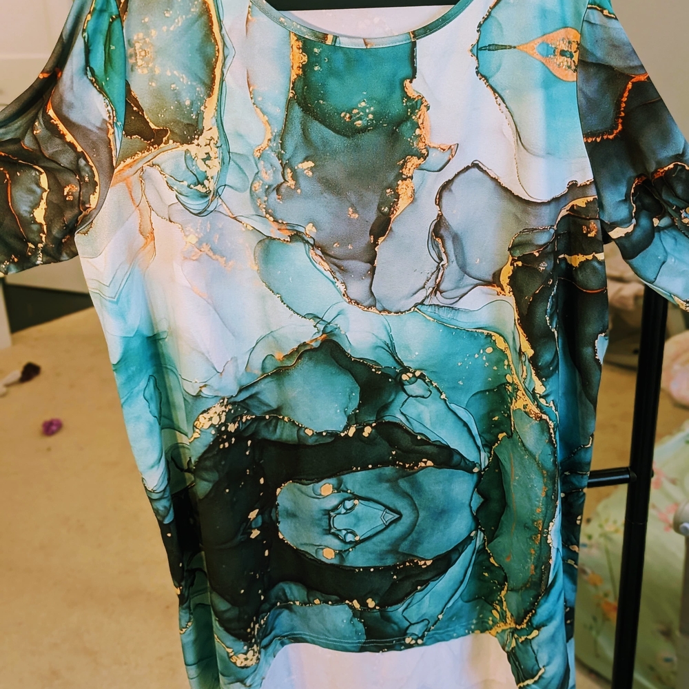 Marble Print Long Sleeve Tunic Top – Turquoise, Black And Gold - Picture 3 of 6